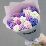 Įvairiaspalvė hiacintų puokštė