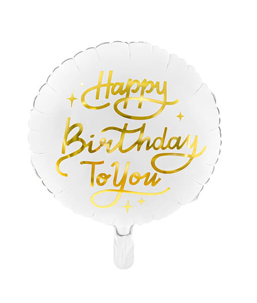 Baltas folinis helio balionas su auksiniu užrašu Happy Birthday to you
