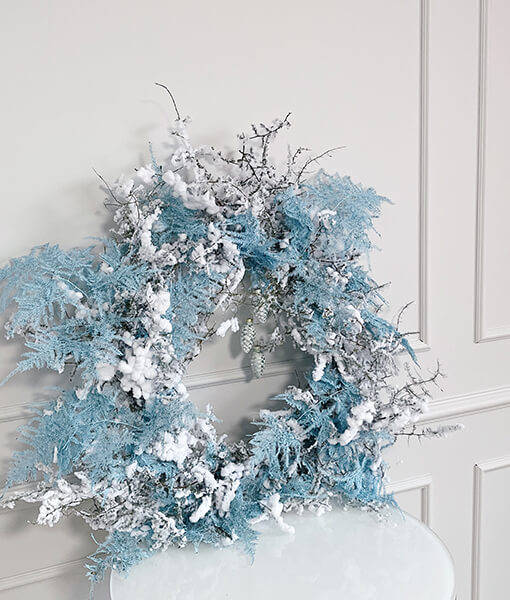 Modernus kalėdinis vainikas su dažytomis asparaguso šakelėmis